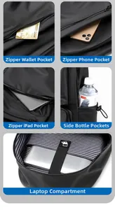 Detail view of laptop compartment, ipad pocket, phone slot and water bottle side pockets