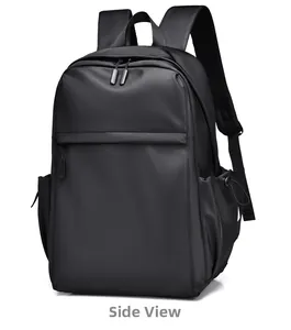 Side view of black business travel backpack showing water-resistant texture and side pocket