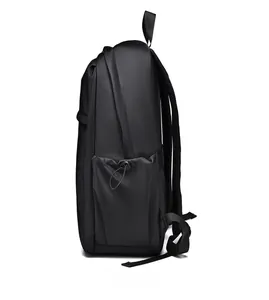 Side view of black business backpack showing drawstring side pocket and breathable straps