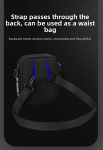 Detail showing back strap structure to convert the black nylon bag into a waist pack