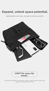 Detail of black nylon crossbody bag with multi-layer storage for daily essentials