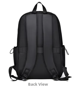 Back view of black business backpack showing ergonomic padded S-shaped shoulder straps