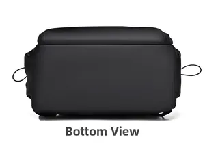 Bottom view of black business backpack showing durable waterproof fabric and side pockets