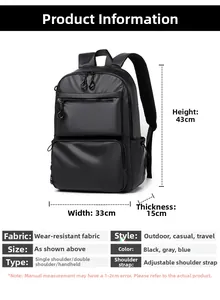 Detailed dimensions diagram of the black business travel backpack showing 43x33x15 cm size