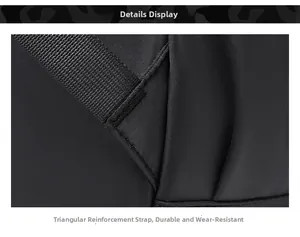 Detail showing the triangle reinforced shoulder strap on this black business backpack
