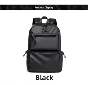Front view of black waterproof business backpack with multi-compartment storage zippers