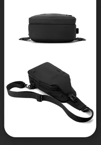 Detailansicht des atmungsaktiven Meshs und USB-Anschlusses der schwarzen Umhängetasche