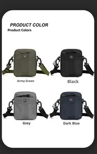 Collection of compact nylon messenger bags in army green, black, grey, and dark blue