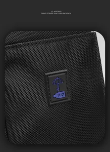 Macro view of water-resistant high-density nylon fabric and H2O rubber logo on backpack