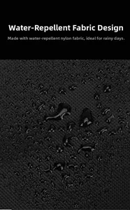 Close-up of water-repellent nylon fabric showing droplets on the black crossbody bag