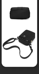 Dual views showing durable nylon crossbody bag bottom and multi-zipper pocket detail