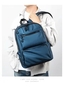 Detail of navy blue water-resistant backpack with multiple zippers and black handle
