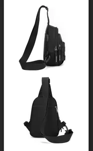 Detail view of black multi-pocket sling bag with water-resistant fabric and hidden back pocket