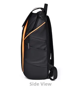 Vue latérale du sac à dos professionnel noir avec ligne orange et rembourrage en filet