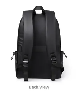 Detailed back view of ergonomic padded straps and luggage belt on black business backpack