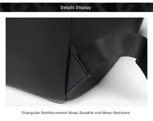 Detail of reinforced triangle stitching on waterproof black business travel backpack straps
