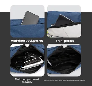 Detail of color-block sling bag featuring multiple anti-theft zipper compartments and mesh pockets
