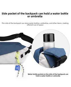 Detail view of the side mesh pocket on the blue and grey sling bag for water bottles