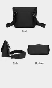 Detailed views showing back, side, and bottom of this black nylon crossbody travel bag