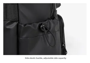 Detail of side elastic buckle on black business backpack for adjustable capacity