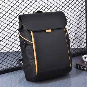 Sac à Dos Moderne Urbain Business Décontracté Design Lignes Orange Contrastées en Nylon Résistant à l'Eau Sac pour Ordinateur Portable Homme Voyage École