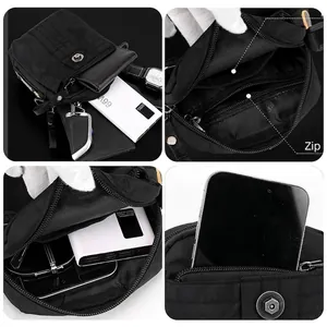 Black nylon shoulder bag with multi-layer zipper pockets and magnetic flap cover