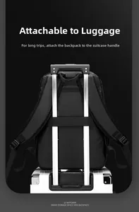 Business backpack featuring a rear luggage strap for easy attachment to suitcases
