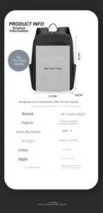 Detail showing waterproof backpack dimensions 44x31x16cm and 15.6 inch laptop capacity