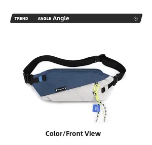 Front view of blue and grey colorblock crossbody bag with yellow carabiner and Wepower logo