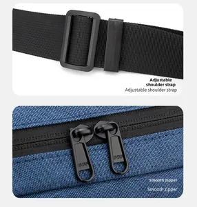 Detail of blue nylon bag showing adjustable shoulder strap and smooth SBS zipper