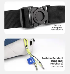 Detail of backpack with durable plastic buckle and WEPOWER branded charm with yellow cord