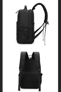 Detail of ergonomic padded shoulder straps and breathable honeycomb mesh back of the black backpack