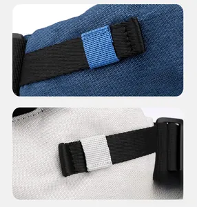 Detail of color-blocked motorcycling waist bag with durable canvas and adjustable buckles