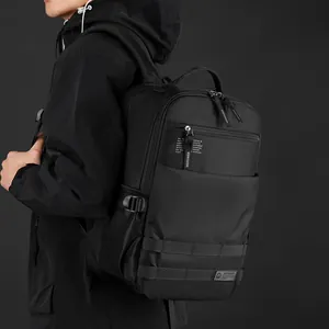 Minimalist black business laptop backpack for men with multi-layer zipper compartments