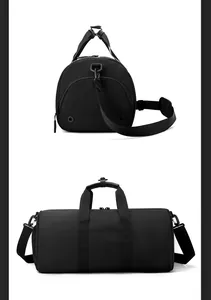 Detalle de bolsa de deporte negra con compartimento para zapatos y asas reforzadas