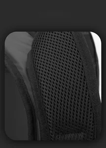 Close-up of breathable honeycomb mesh shoulder straps on a black business backpack