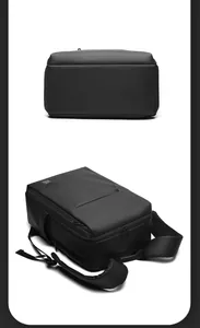 Detailed side view of black waterproof business backpack with smooth matte finish texture