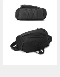Detail der schwarzen Mehrzweck-Brusttasche mit elastischem Kordelzug und Netzseitentaschen