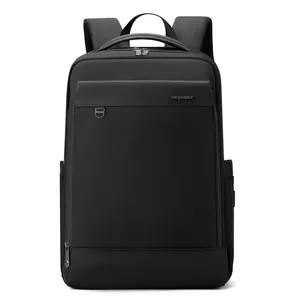 Waterproof business laptop backpack in black with durable nylon and leather accents