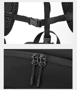 Detail eines Outdoor-Rucksacks mit atmungsaktiven Netzgurten und Brustverschluss