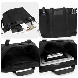 Bolso tote de nailon negro de gran capacidad con múltiples bolsillos funcionales