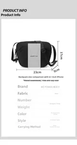 Comparaison de taille détaillée du sac bandoulière léger en nylon noir 23x17x9cm