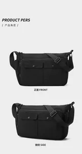 Front and side views of a black nylon messenger bag with two snap flap pockets