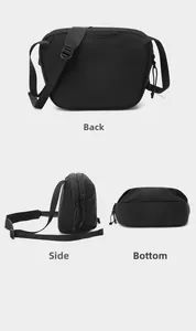Vue en trois dimensions du sac bandoulière en nylon noir montrant dos, côté et bas