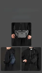 Detailed views of versatile men's bag worn as a waist bag, shoulder bag, and chest bag