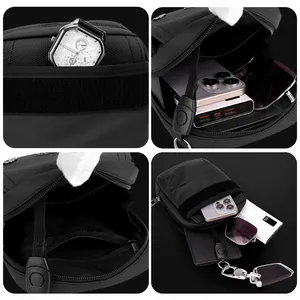 Tactical black crossbody bag showing internal compartments and durable nylon texture
