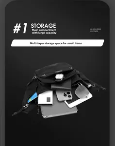 Detail view of large capacity crossbody bag showing organized storage for tablet and gadgets