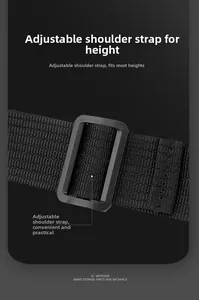Detail of adjustable black nylon shoulder strap with matte plastic buckle for men's chest bag