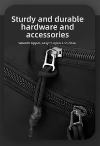 Macro shot of smooth metal zipper with durable thick woven pull cord on nylon chest bag