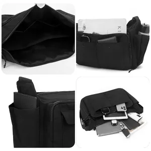 Minimalist black messenger bag with multi-pocket design for laptop and large capacity